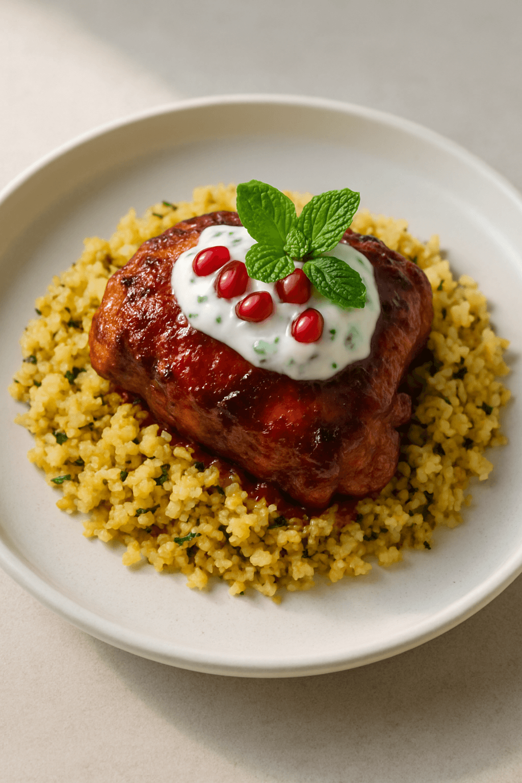Crispy Pomegranate-Glazed Chicken with Spiced Cauliflower Rice and Mint Yogurt