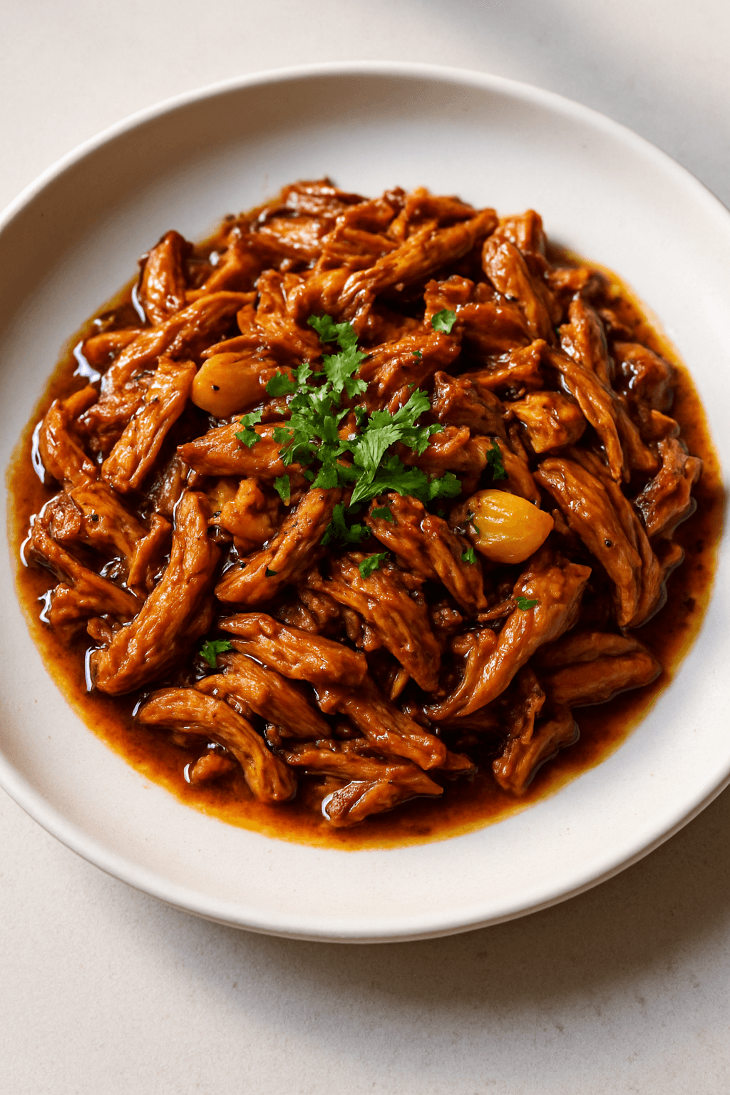 Savory Shredded Chicken with Maple-Balsamic Glaze and Roasted Garlic