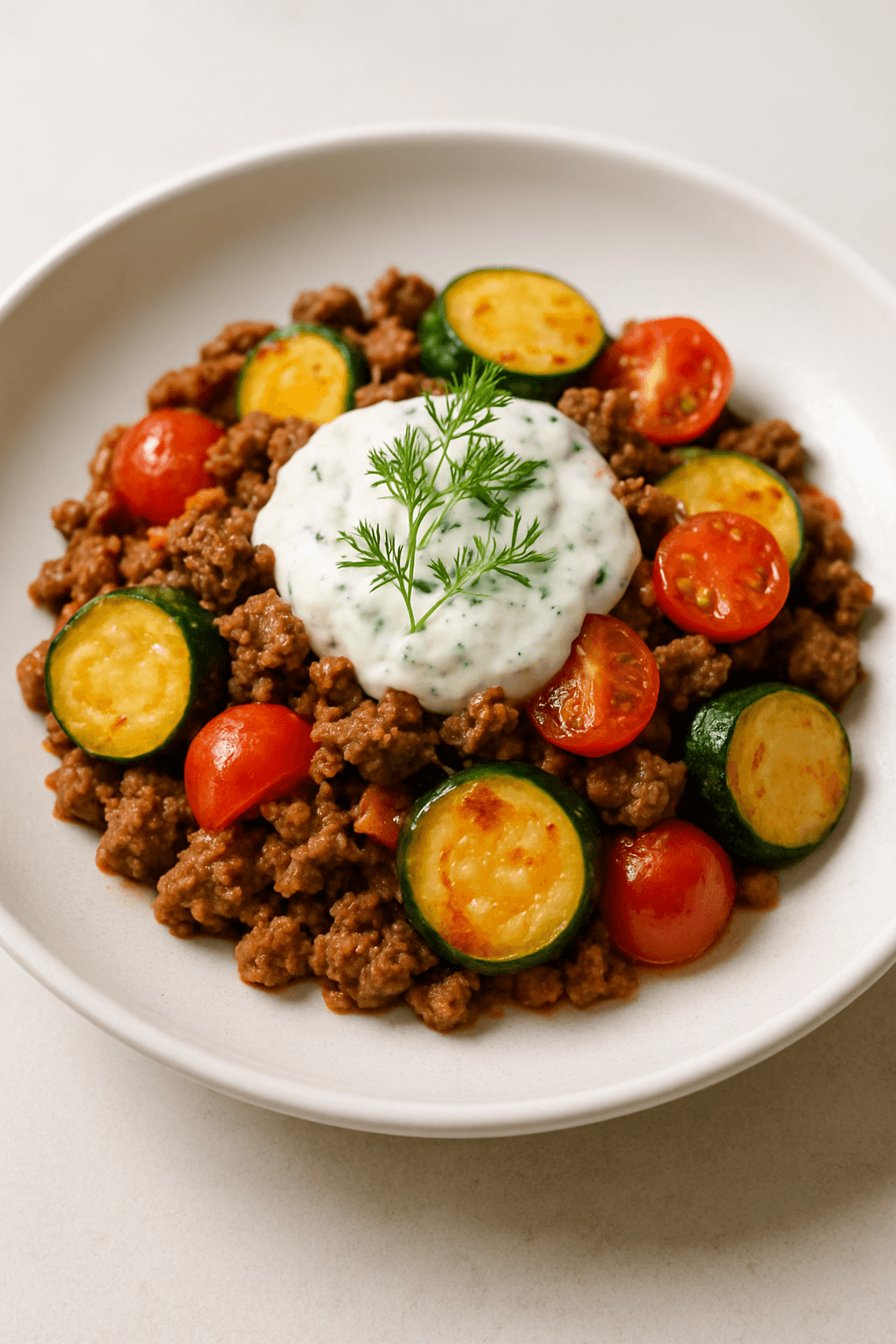 Savory Ground Beef and Seasonal Vegetable Skillet with Herb-Infused Yogurt