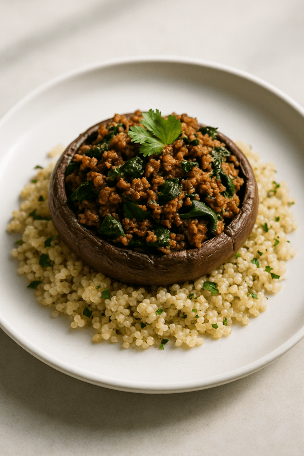 Savory Ground Beef and Spinach Stuffed Portobello Mushrooms with Garlic Herb Quinoa