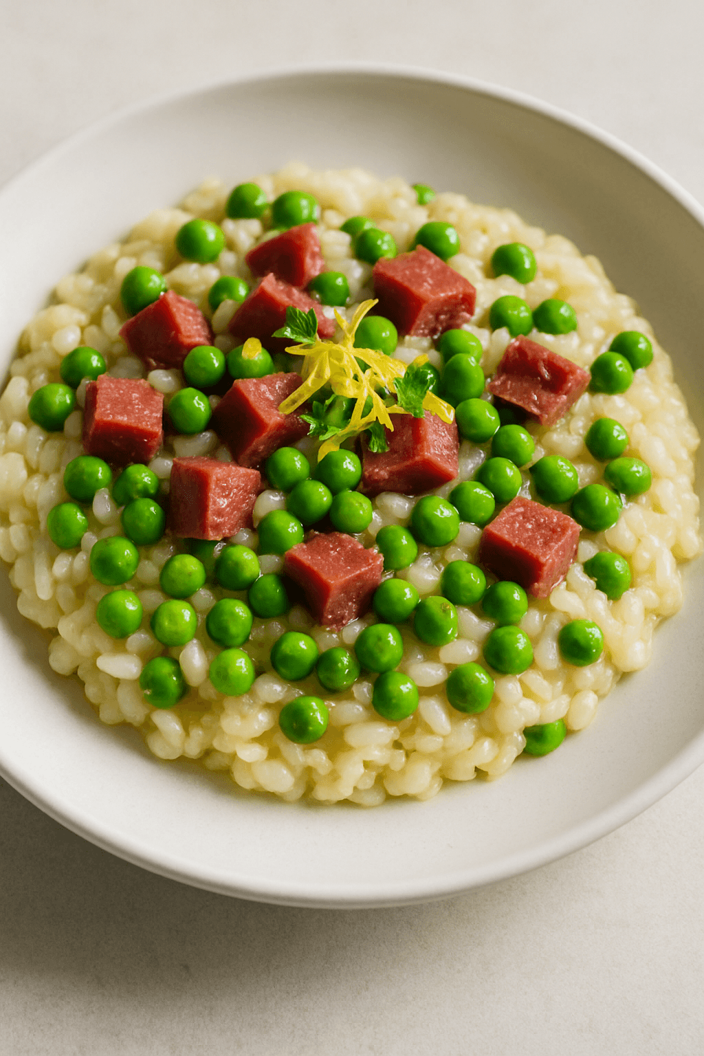 Corned Beef and Sweet Pea Risotto with Lemon Zest