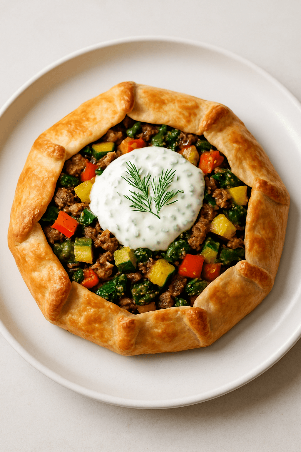 Savory Ground Beef and Seasonal Vegetable Galette with Herbed Yogurt Sauce