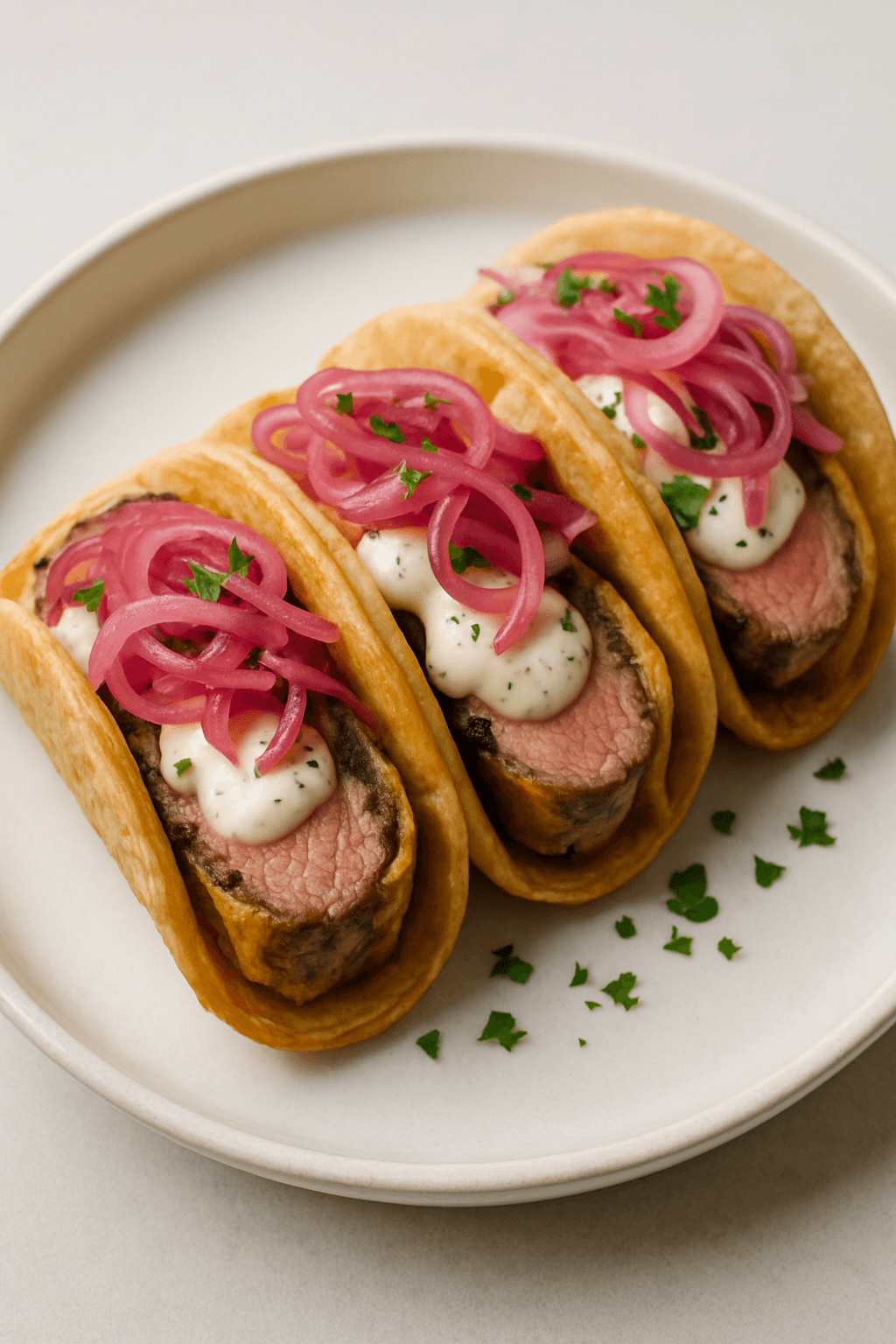 Beef Wellington Tacos with Truffle Aioli and Pickled Red Onions