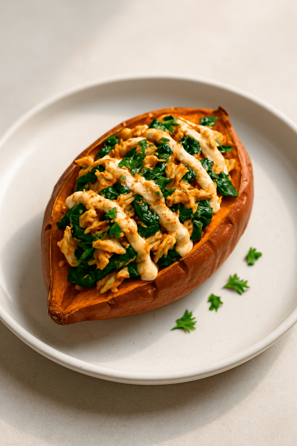 Canned Chicken & Spinach Stuffed Sweet Potatoes with Spicy Yogurt Drizzle