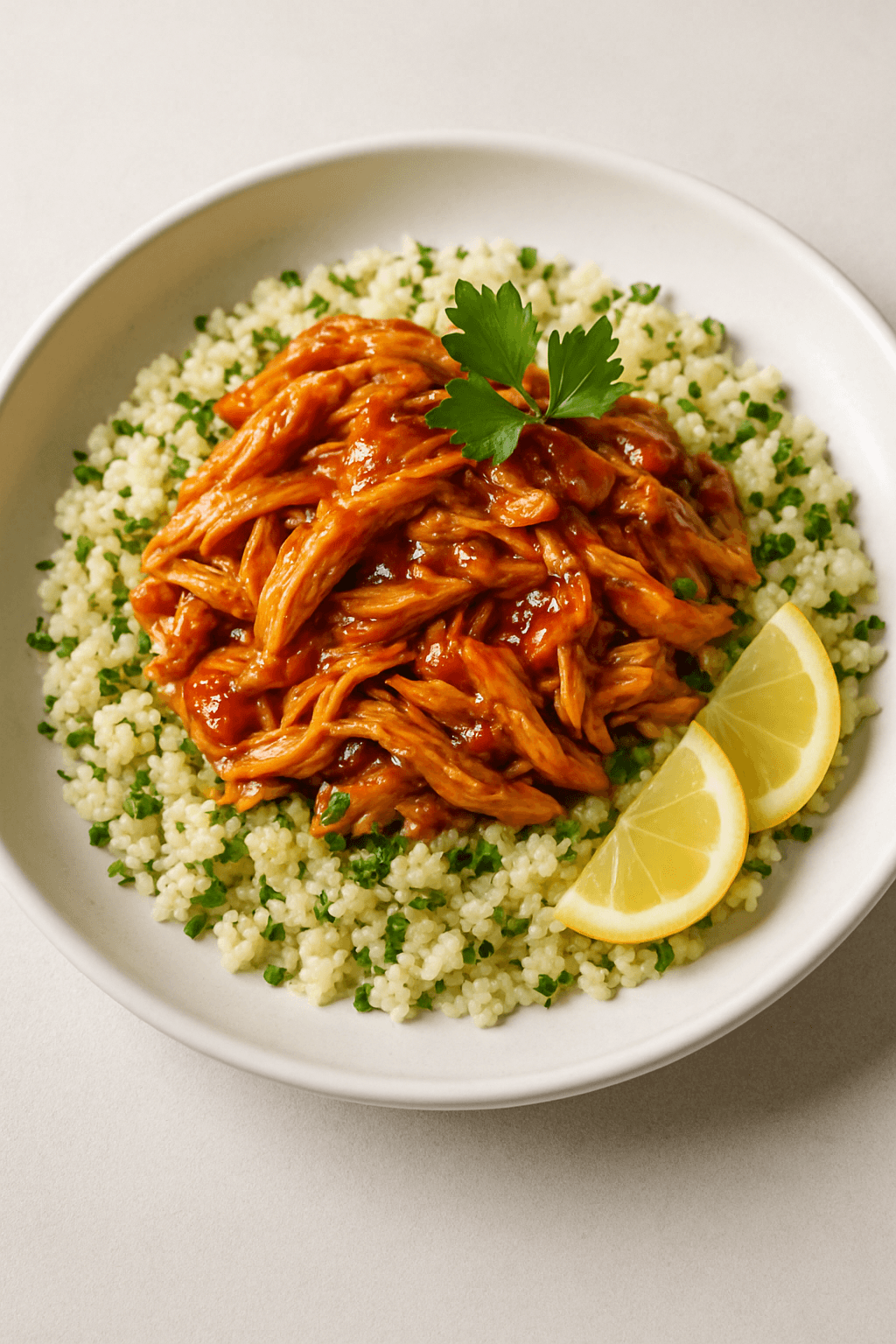 Savory Shredded Chicken with Spiced Apricot-Chili Glaze and Herbed Couscous