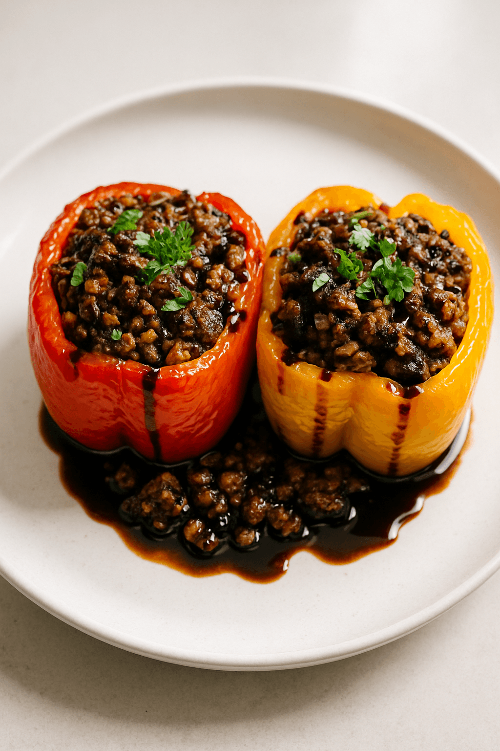 Savory Ground Beef and Herb-Stuffed Bell Peppers with Balsamic Glaze
