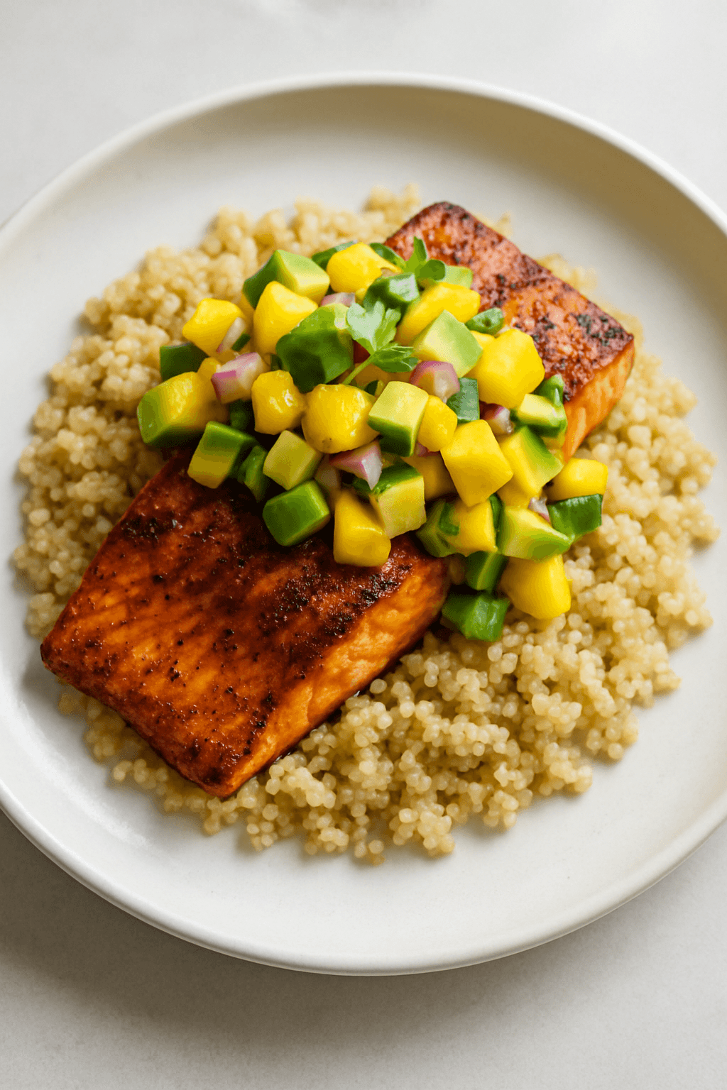 Spiced Citrus-Infused Salmon with Avocado-Mango Salsa and Quinoa Pilaf