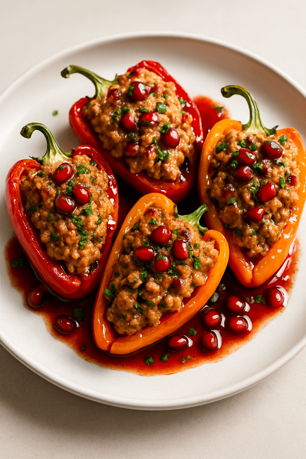 Ground Chicken and Pistachio-Stuffed Sweet Peppers with Pomegranate Glaze