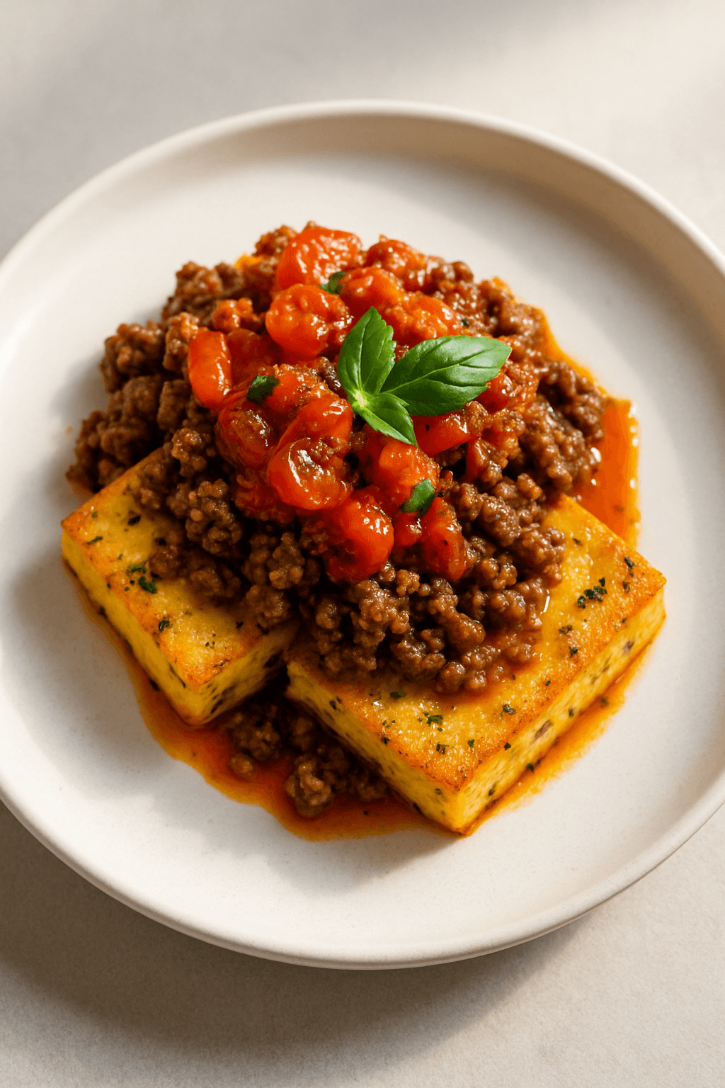 Savory Ground Beef and Herb-Infused Polenta Cakes with Roasted Tomato Salsa