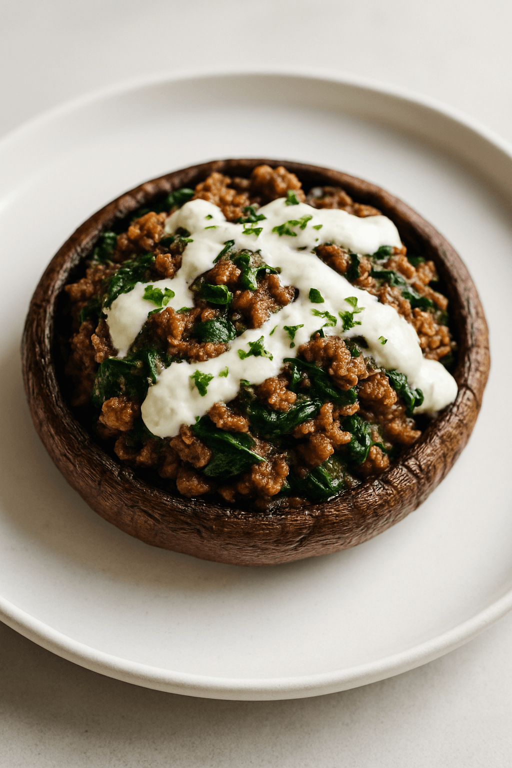 Savory Ground Beef and Spinach Stuffed Portobello Mushrooms with Feta Drizzle
