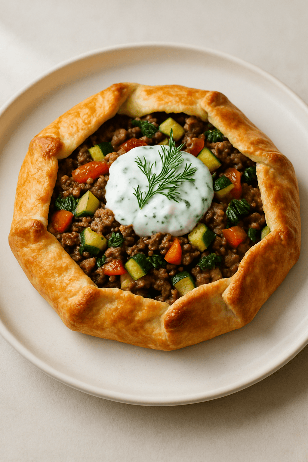 Savory Ground Beef and Seasonal Vegetable Galette with Herbed Yogurt Sauce