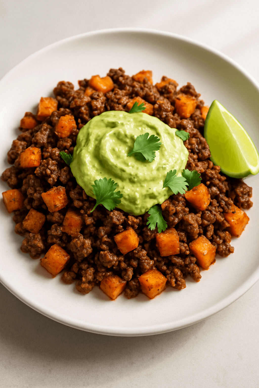 Savory Ground Beef and Sweet Potato Hash with Spicy Avocado Cream
