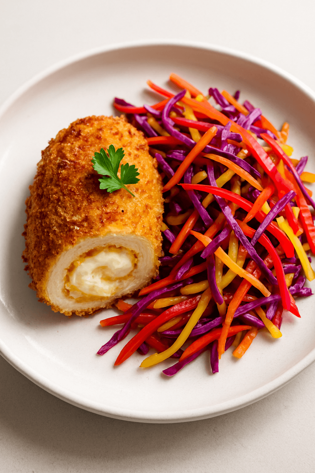 Crispy Cheesy Chicken Roll-Ups with Rainbow Veggie Slaw
