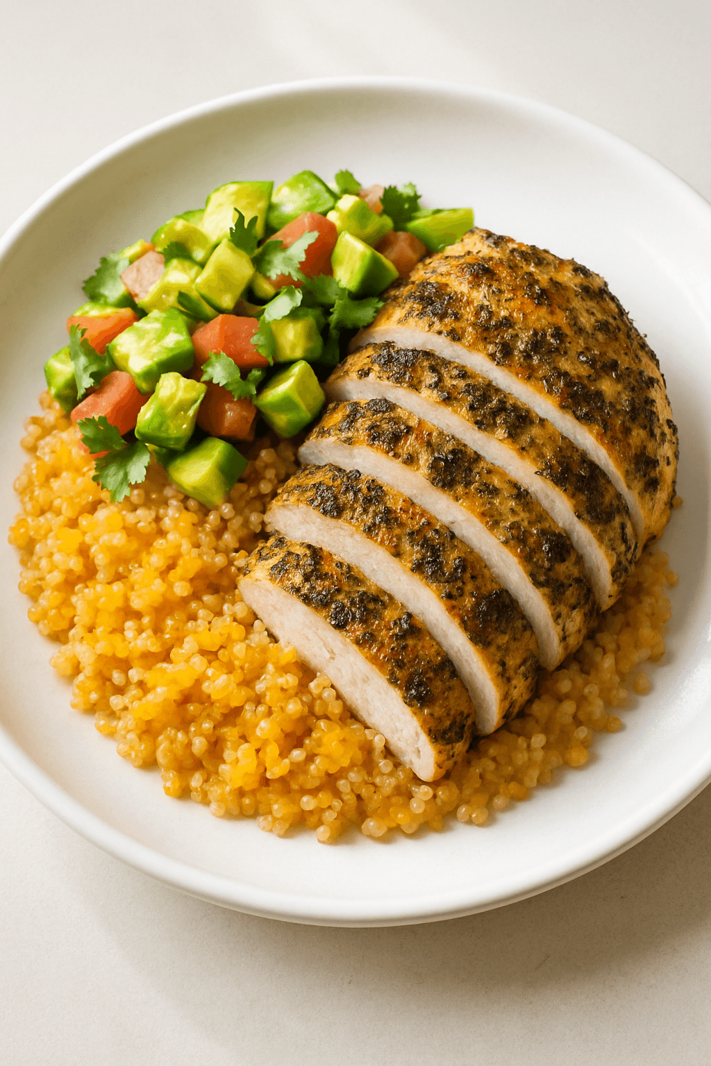 Crispy Herb-Infused Chicken with Citrus Quinoa and Avocado Salsa