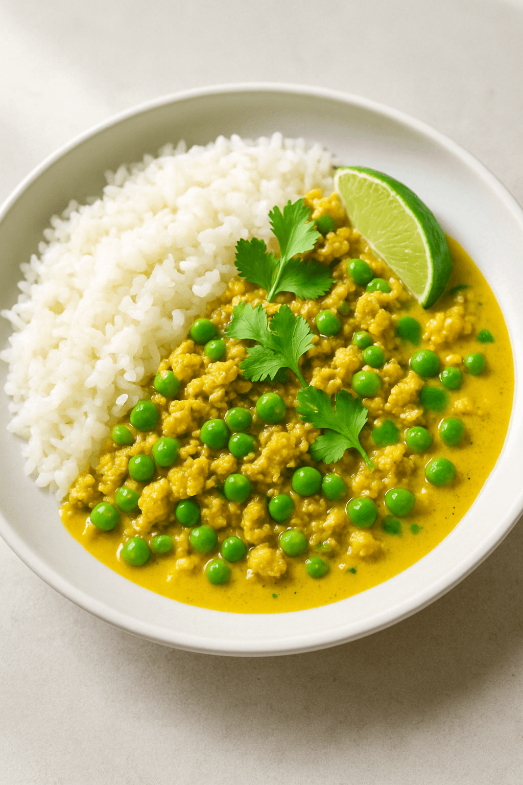 Savory Ground Chicken and Sweet Pea Coconut Curry with Jasmine Rice