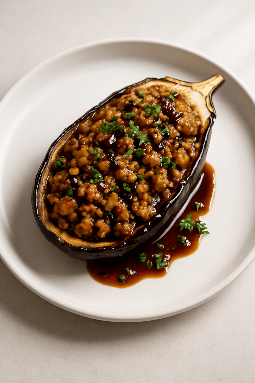 Ground Chicken and Pistachio-Stuffed Eggplant with Pomegranate Molasses Glaze