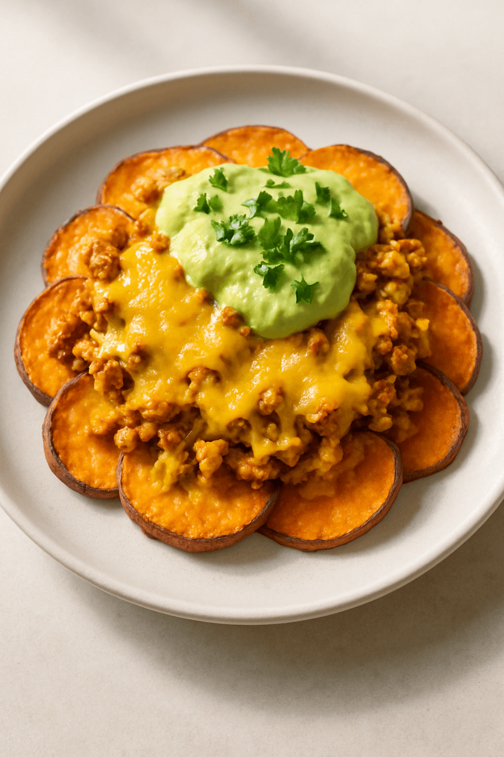 Ground Chicken and Sweet Potato Nacho Bake with Avocado Cream