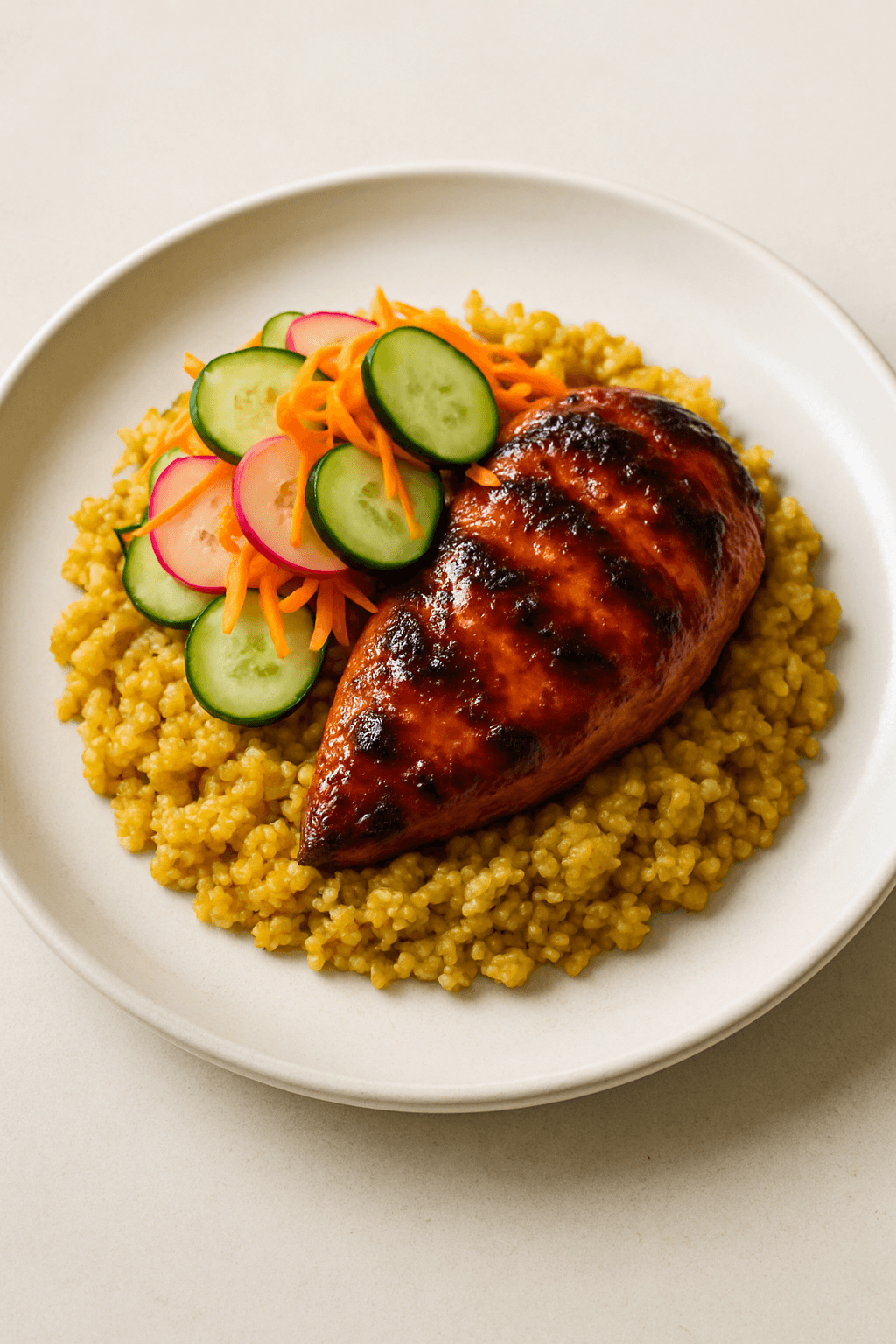Spicy Miso-Glazed Chicken with Coconut-Curry Quinoa and Pickled Vegetable Medley