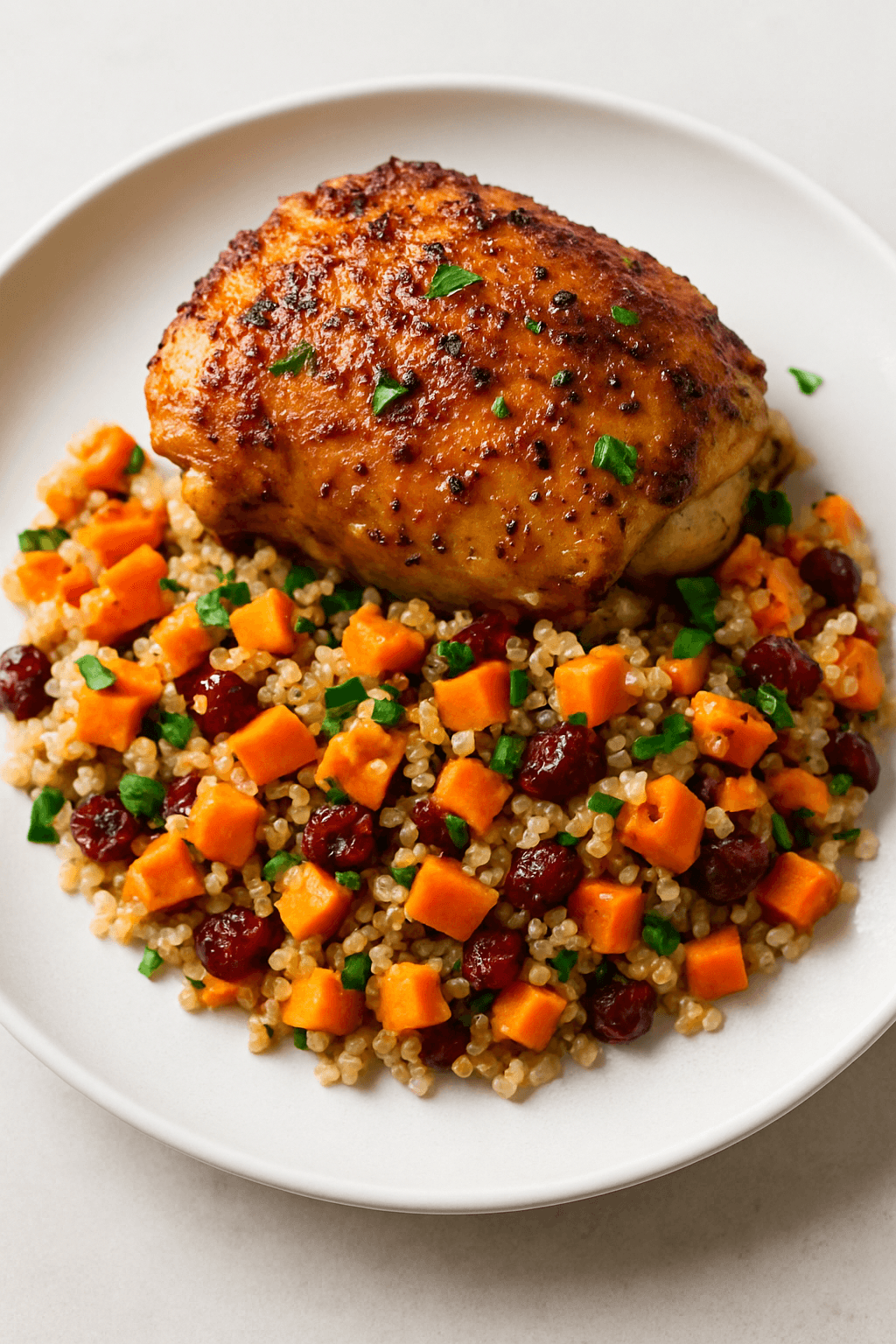 Savory Herb-Infused Baked Chicken with a Sweet Potato-Cranberry Quinoa Pilaf