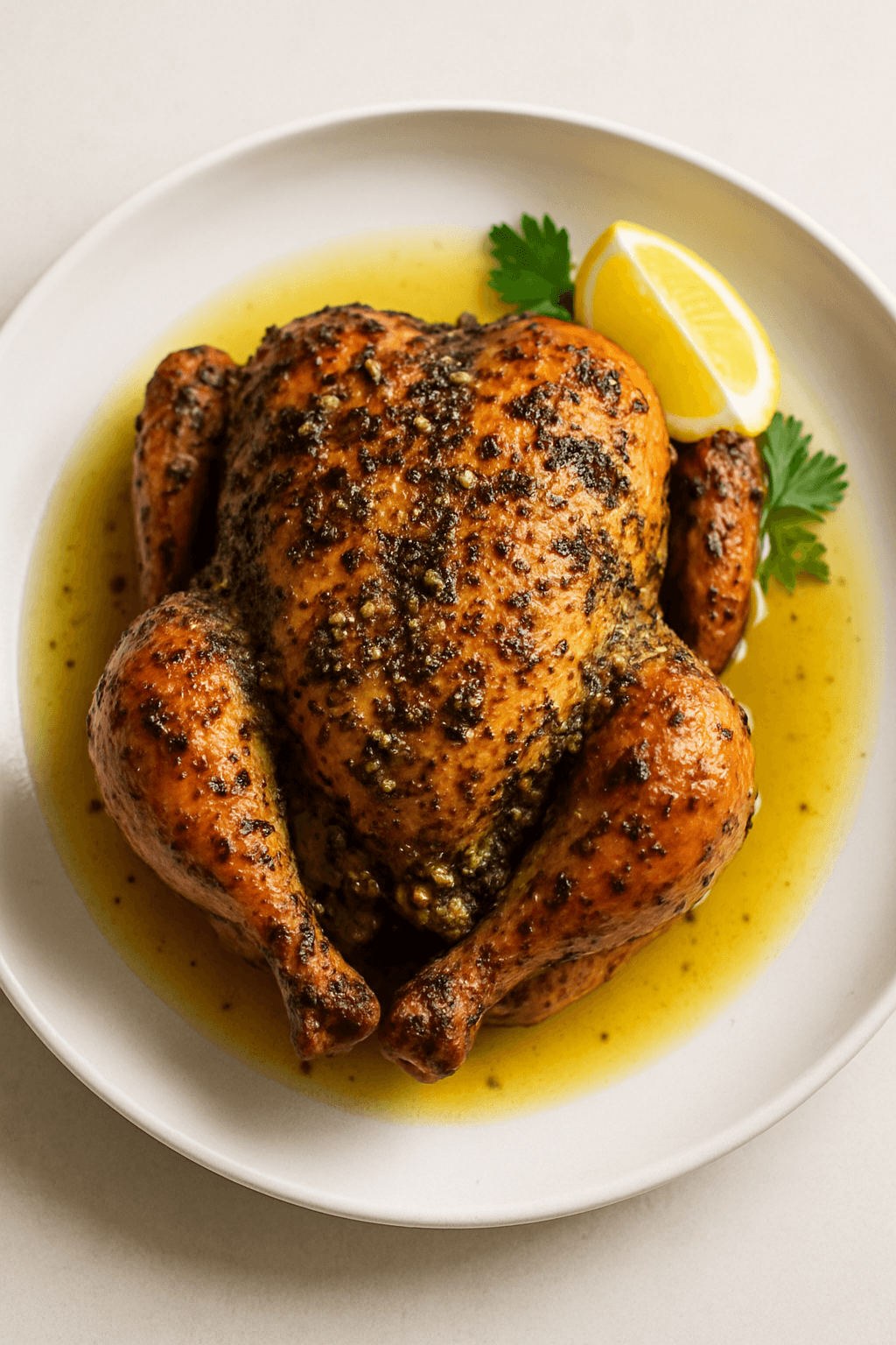 Crispy Garlic and Herb Whole Chicken with Lemon Butter Sauce