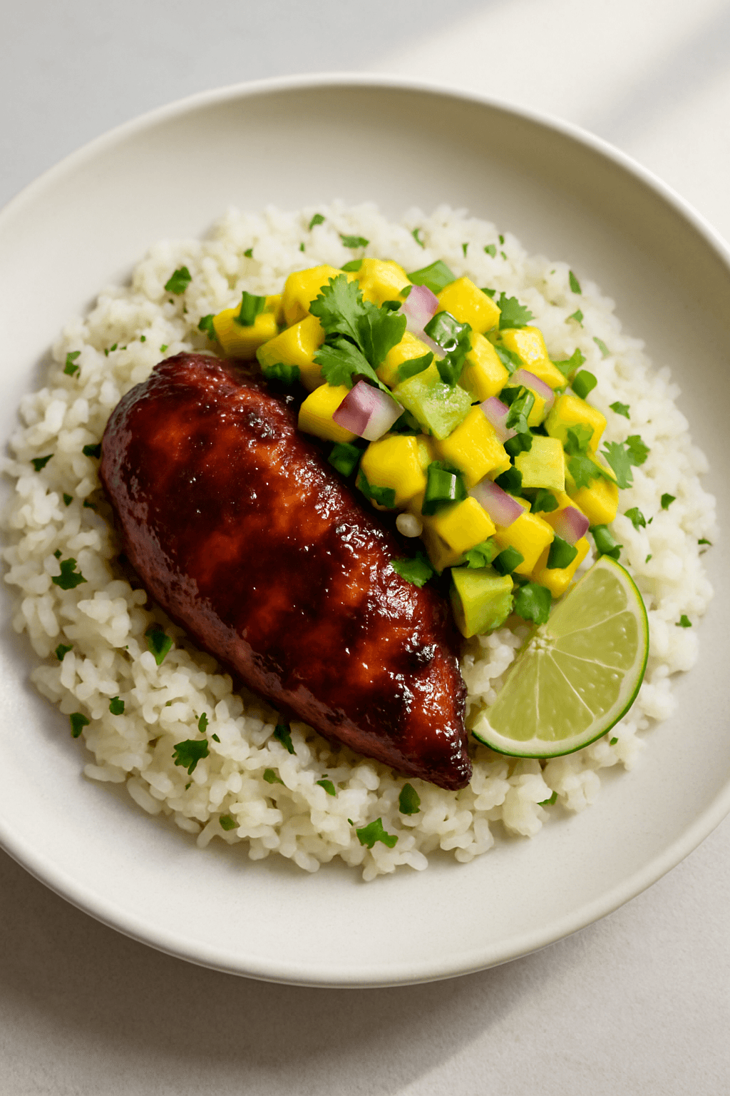 Spicy Tamarind-Glazed Chicken with Coconut-Cilantro Rice and Mango-Avocado Salsa