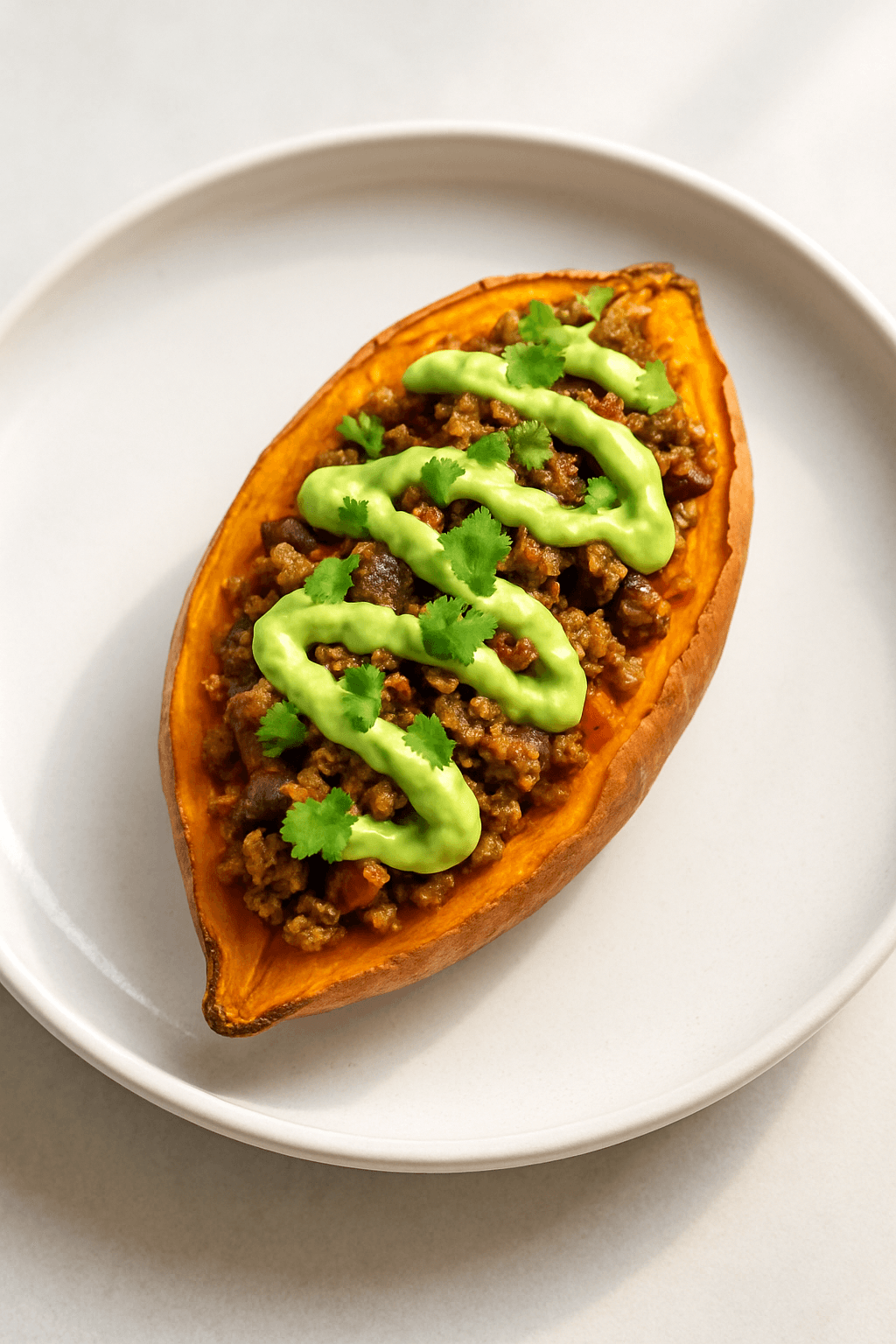Beefy Taco-Stuffed Sweet Potato Boats with Avocado Lime Drizzle
