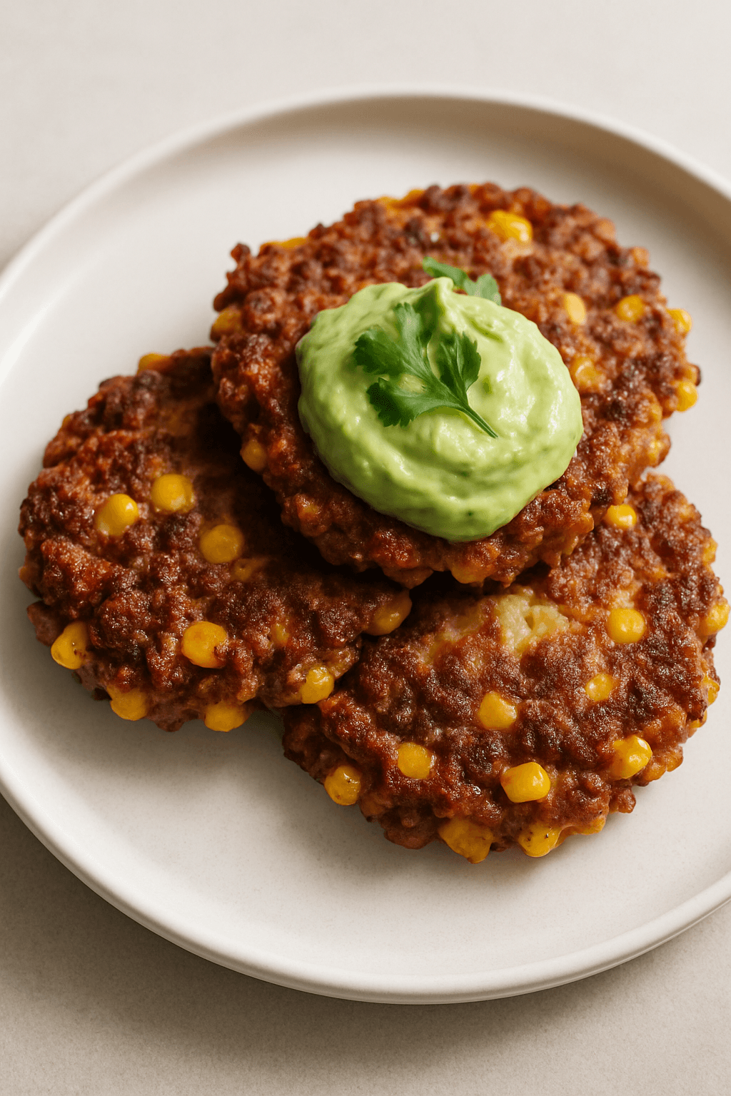 Savory Ground Beef and Sweet Corn Fritters with Spicy Avocado Cream