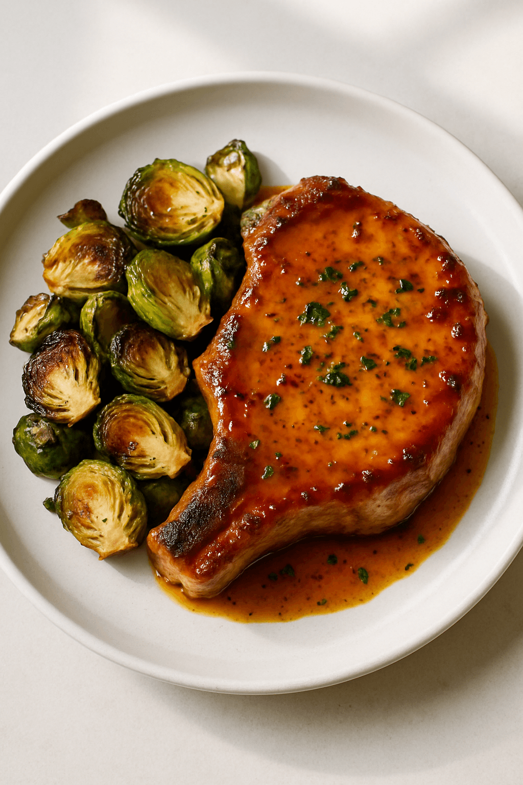 Pork Chops with Honey-Mustard Glaze and Roasted Brussels Sprouts