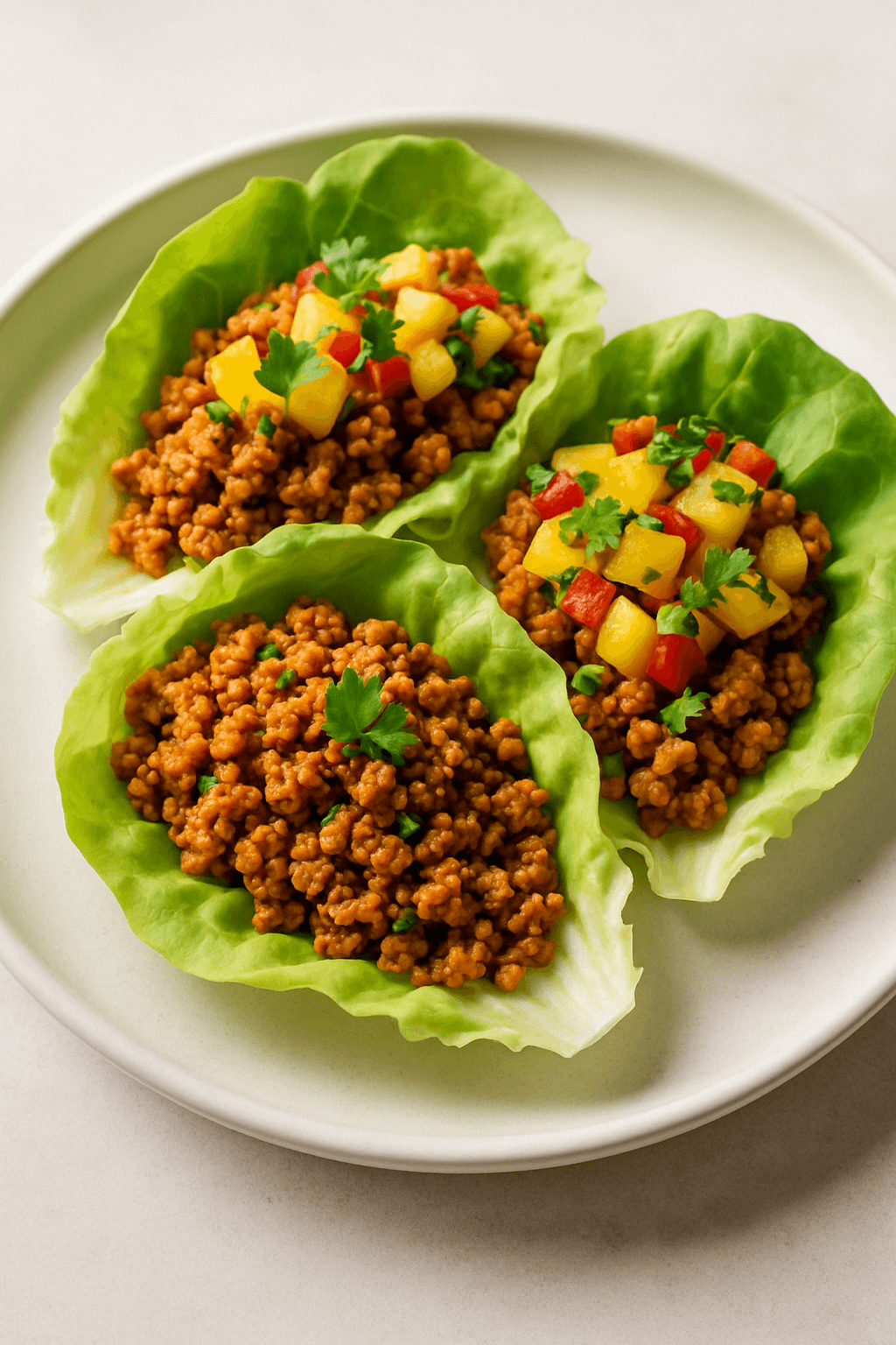 Spicy Mediterranean-Asian Fusion Ground Chicken Lettuce Wraps with Mango Salsa