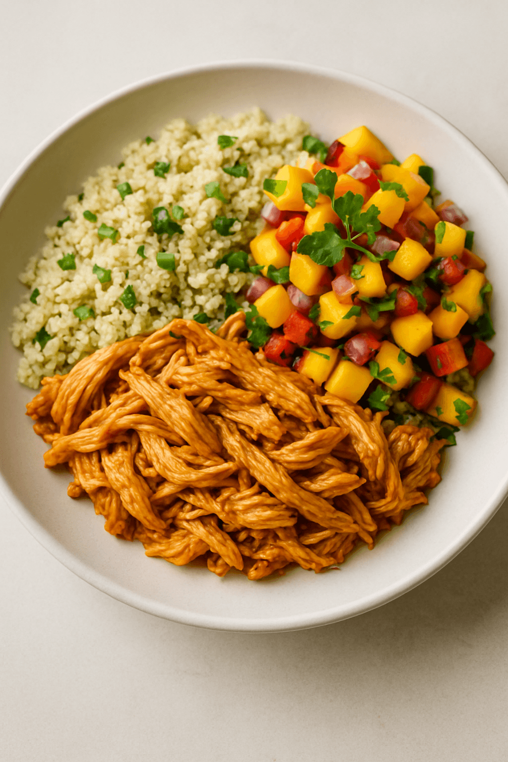 Savory Shredded Chicken with Spicy Mango-Peach Salsa and Cilantro-Lime Quinoa