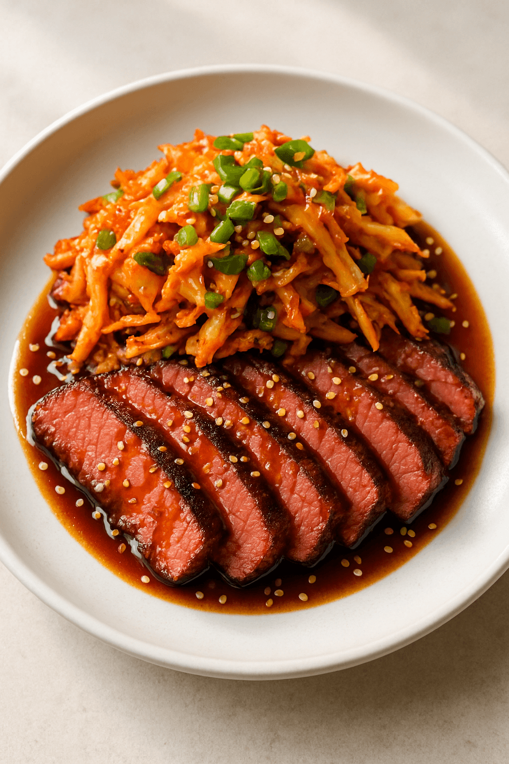 Korean BBQ-Style Corned Beef with Spicy Kimchi Slaw and Sesame Soy Glaze