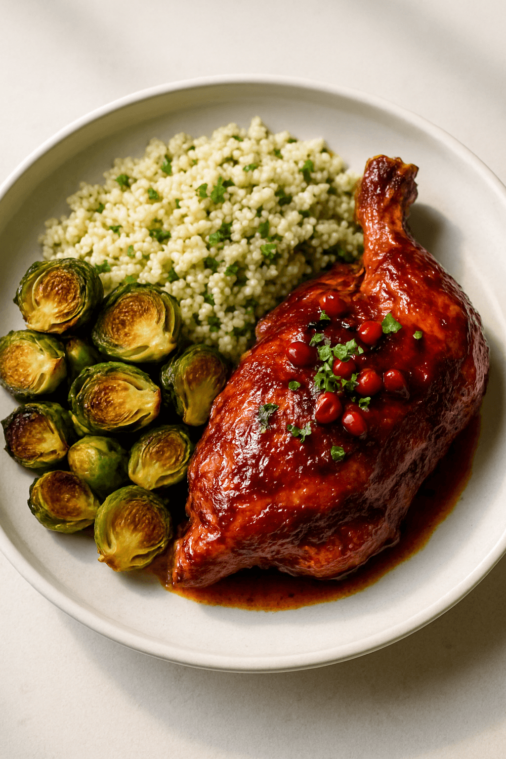 Crispy Pomegranate-Glazed Rotisserie Chicken with Herbed Couscous and Roasted Brussels Sprouts