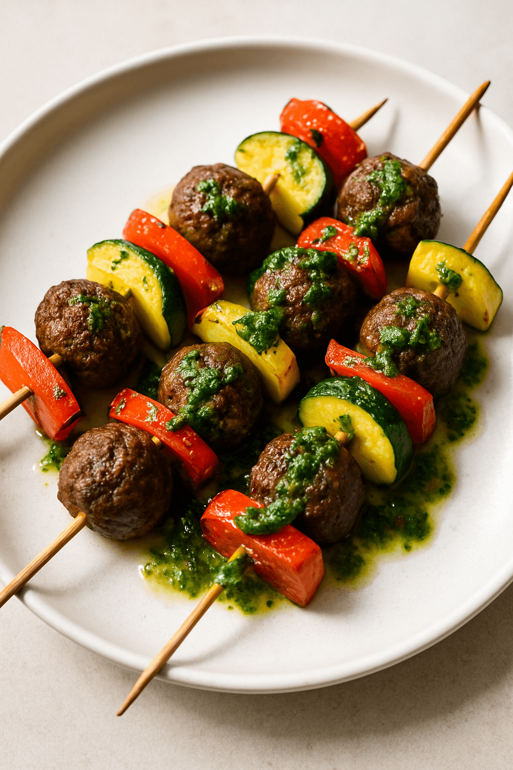 Savory Ground Beef and Seasonal Vegetable Skewers with Chimichurri Sauce