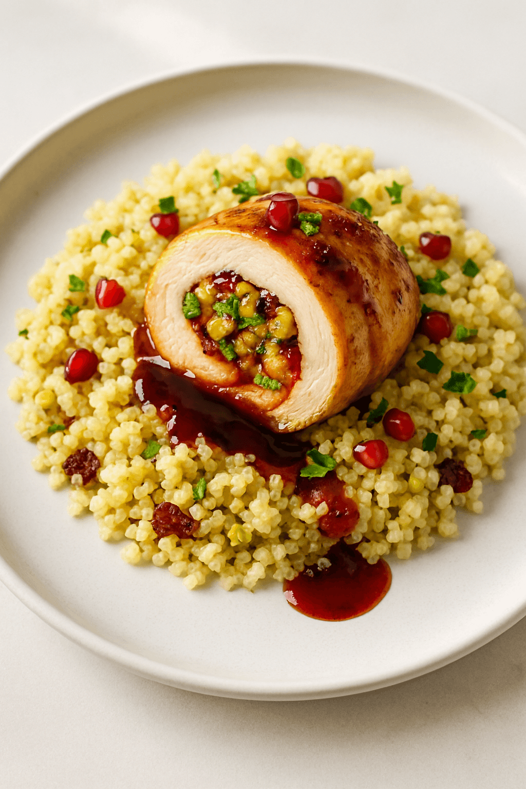 Saffron-Infused Chicken Roulade with Pistachio-Cranberry Couscous and Pomegranate Glaze