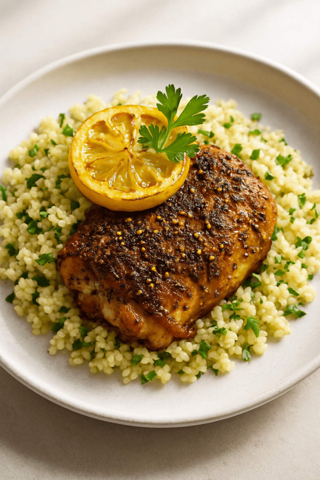 Crispy Za'atar Chicken with Roasted Lemon and Herb Couscous