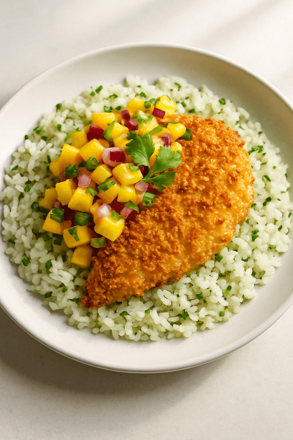 Crispy Coconut-Lime Baked Chicken with Mango Salsa and Cilantro-Lime Rice