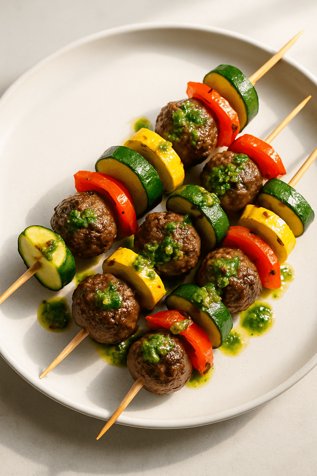 Savory Ground Beef and Seasonal Vegetable Skewers with Chimichurri Sauce