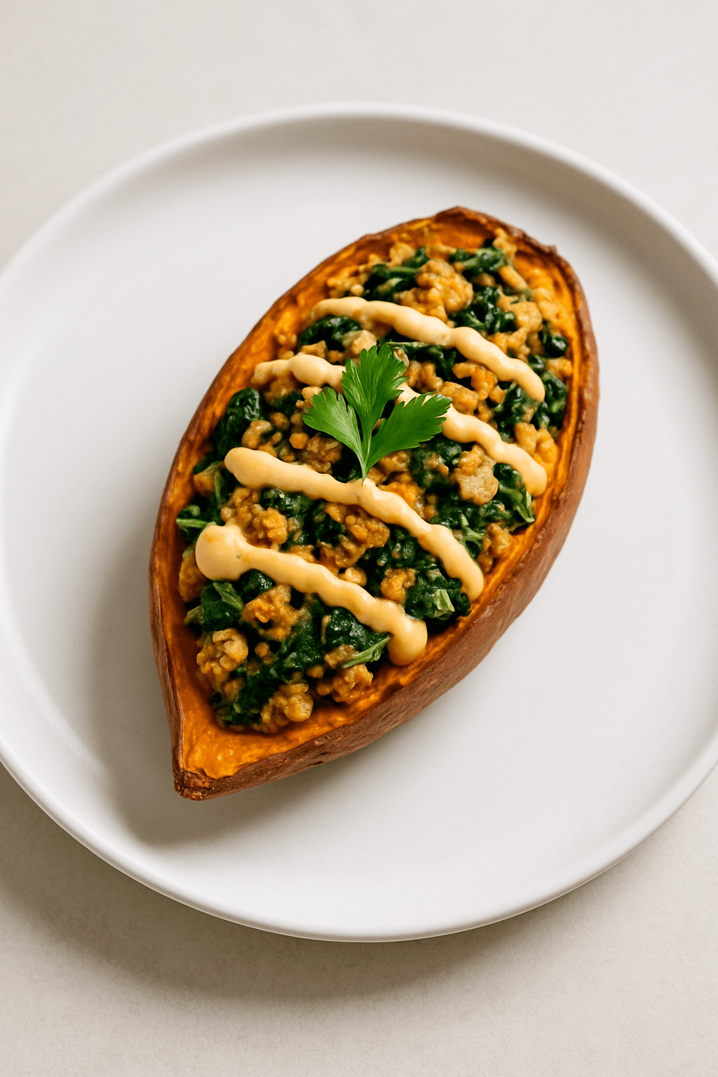 Savory Ground Chicken and Spinach Stuffed Sweet Potato Skins with Spicy Yogurt Drizzle