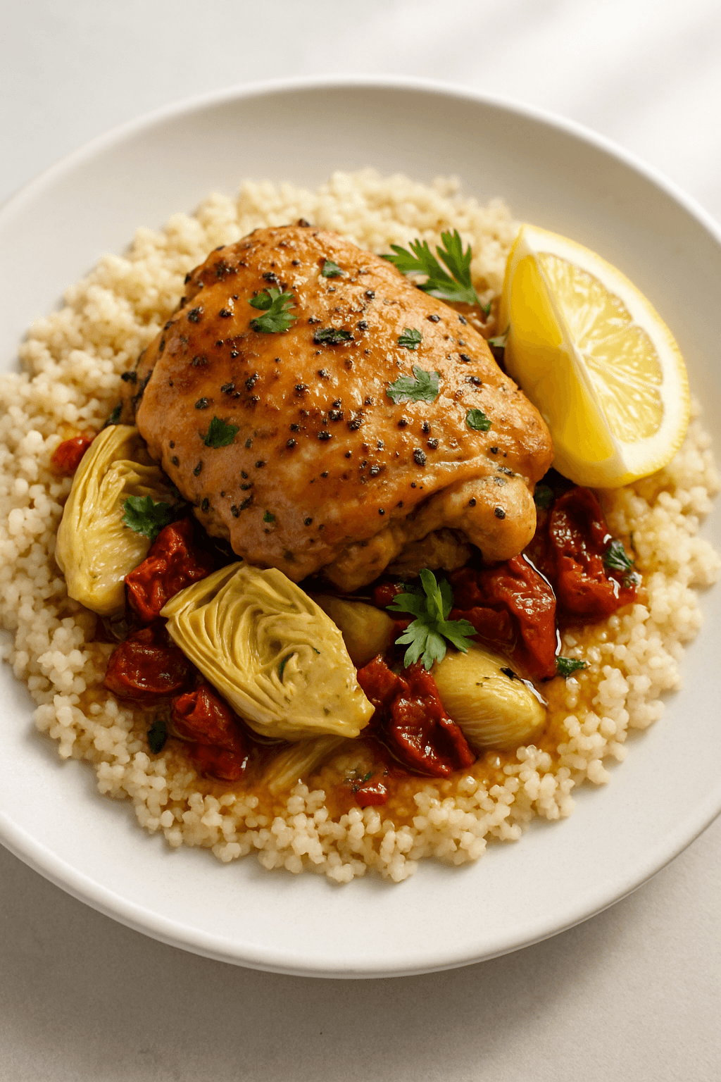 Crockpot Lemon-Herb Chicken with Artichoke Hearts and Sun-Dried Tomatoes