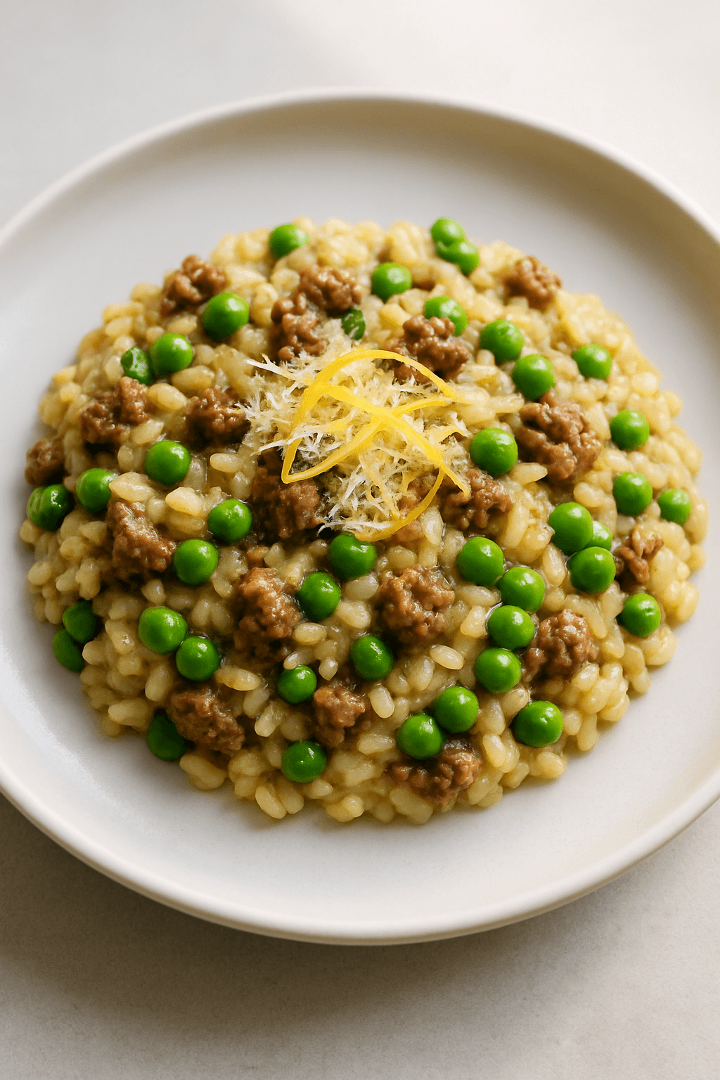 Savory Ground Beef and Sweet Pea Risotto with Lemon Zest and Parmesan