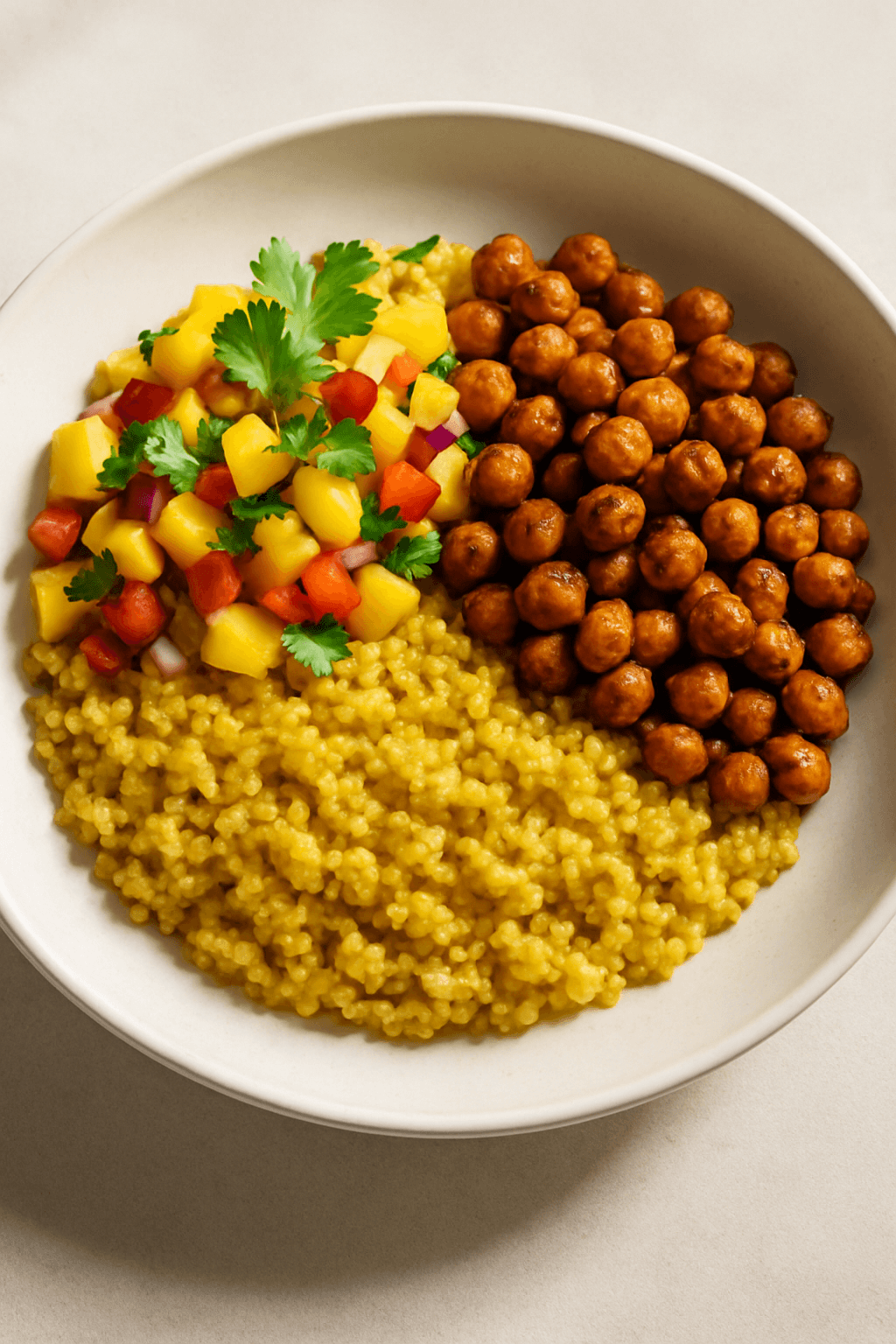Coconut-Curry Quinoa Bowls with Roasted Chickpeas and Mango Salsa