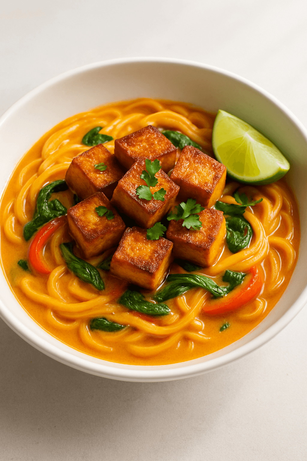 Spicy Coconut Curry Noodle Bowls with Crispy Tofu