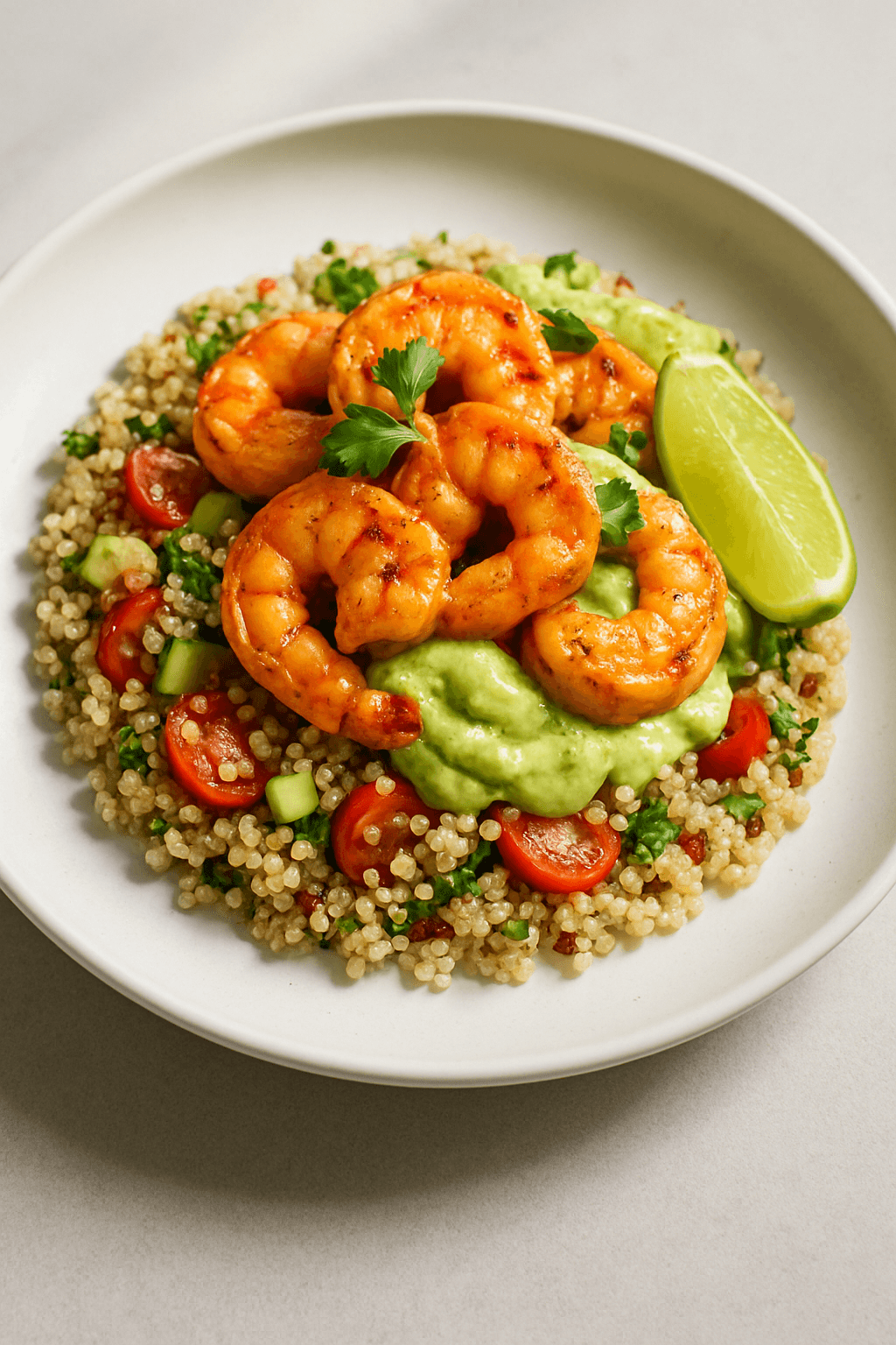 Spicy Garlic Shrimp with Avocado-Cilantro Cream and Quinoa Salad