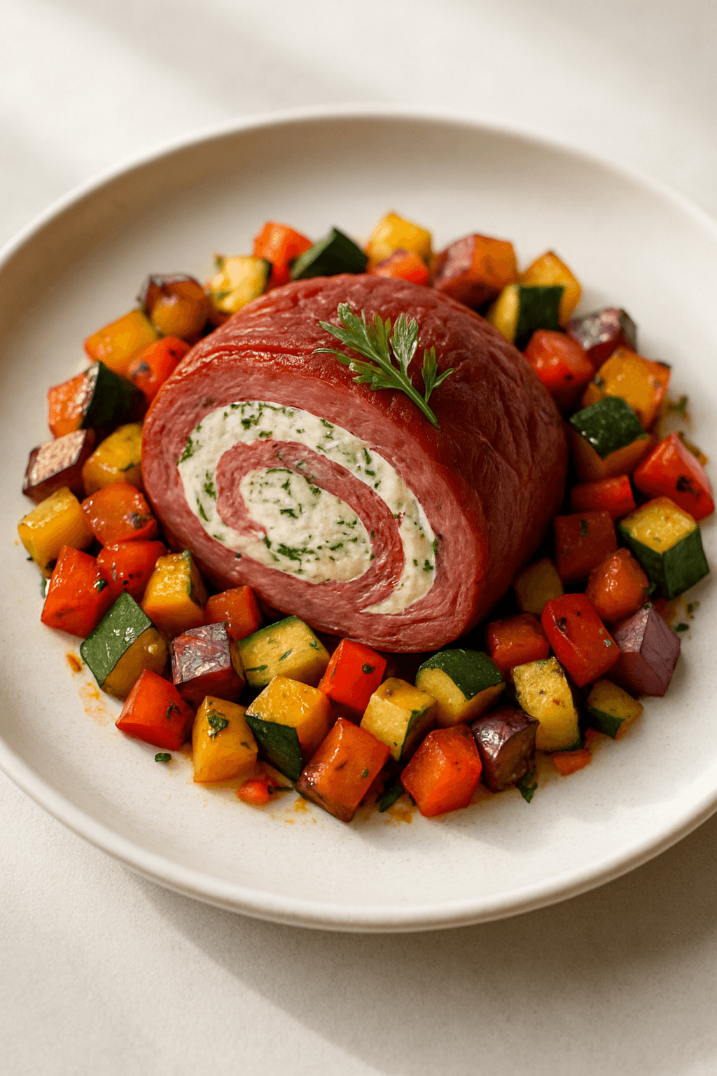 Corned Beef Roulade with Herb-Infused Cream Cheese and Roasted Vegetable Medley