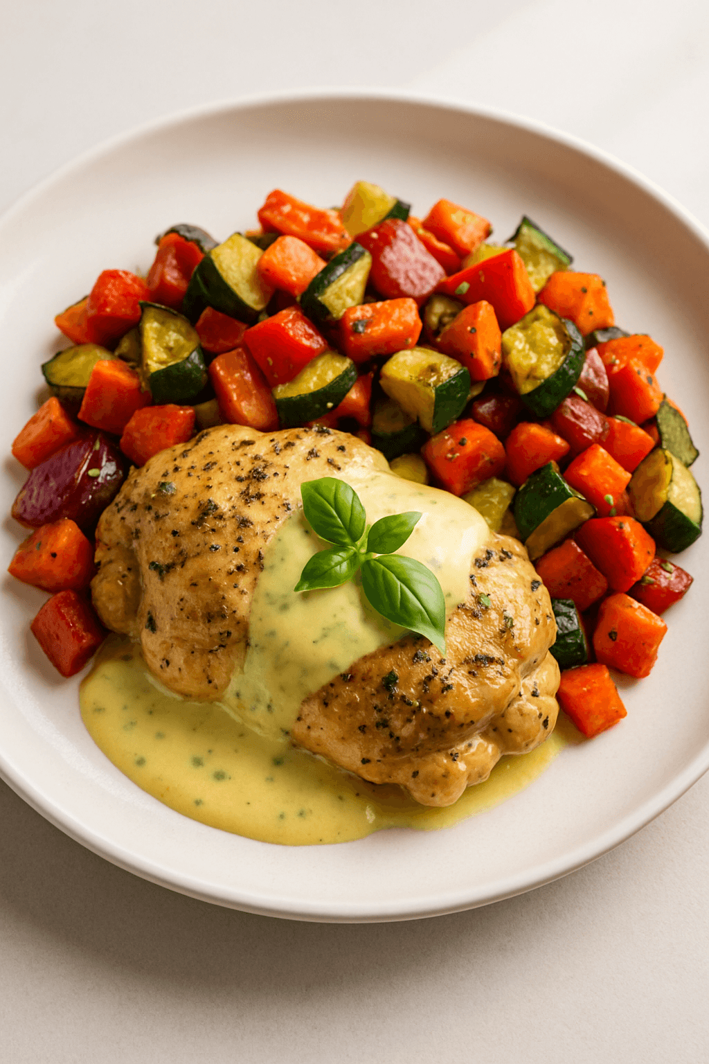 Crockpot Herb-Infused Chicken with Lemon-Basil Cream Sauce and Roasted Vegetable Medley
