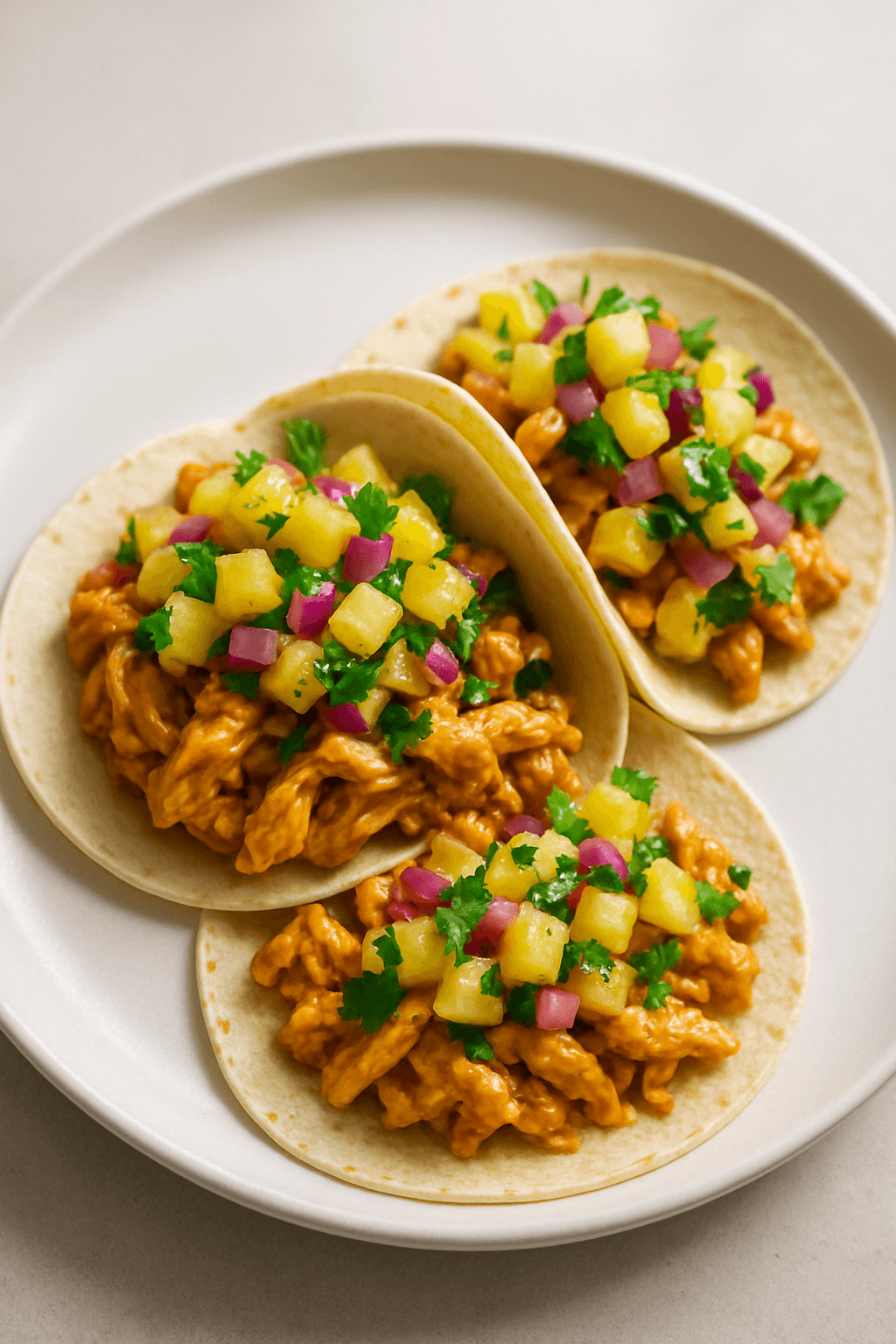 Coconut Curry Shredded Chicken Tacos with Pineapple Salsa