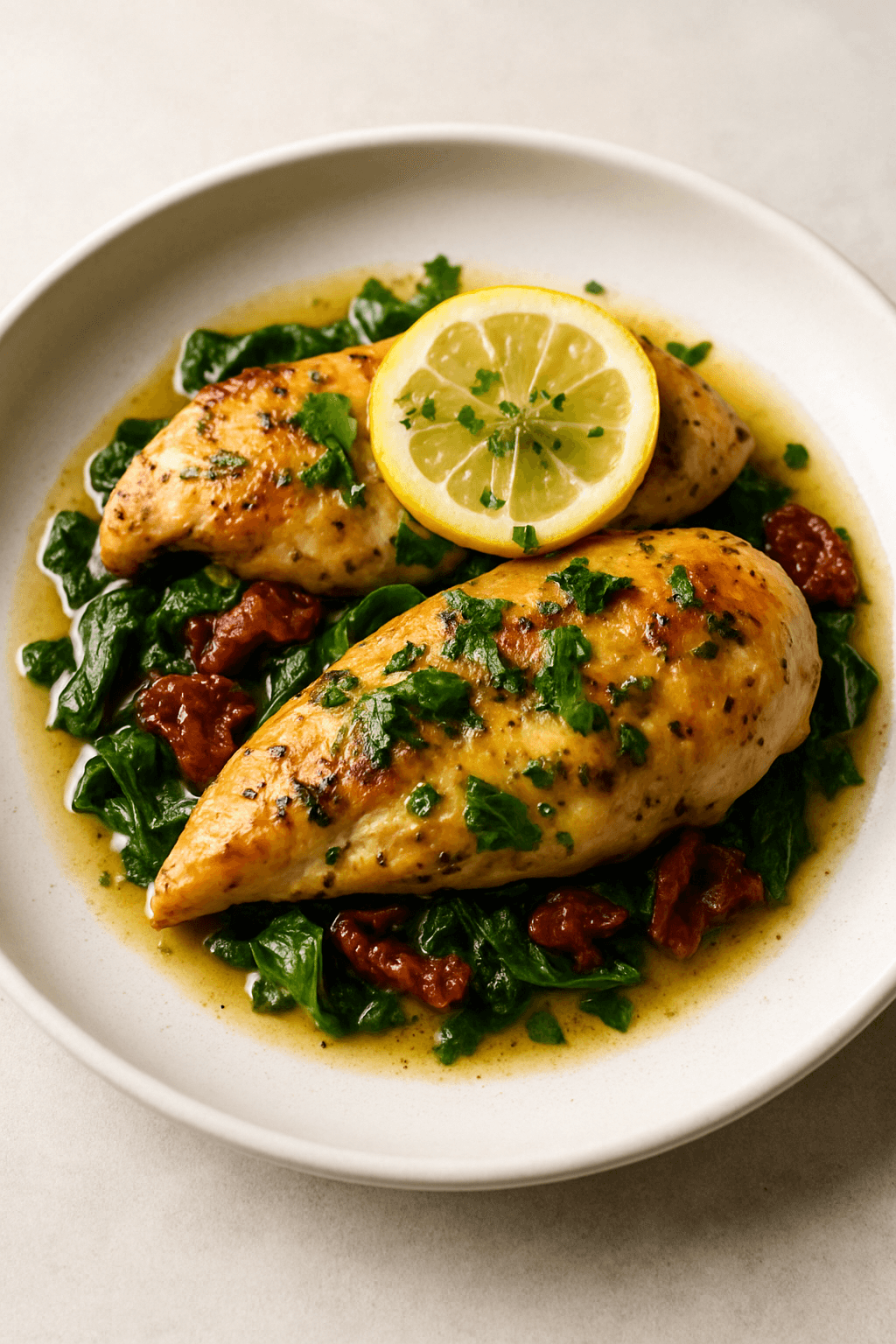Zesty Lemon-Garlic Herb Chicken with Spinach and Sun-Dried Tomatoes