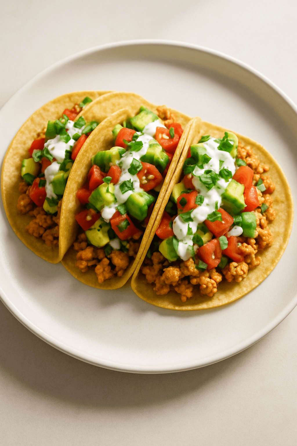 Zesty Ground Chicken and Avocado Salsa Tacos with Cilantro-Lime Crema