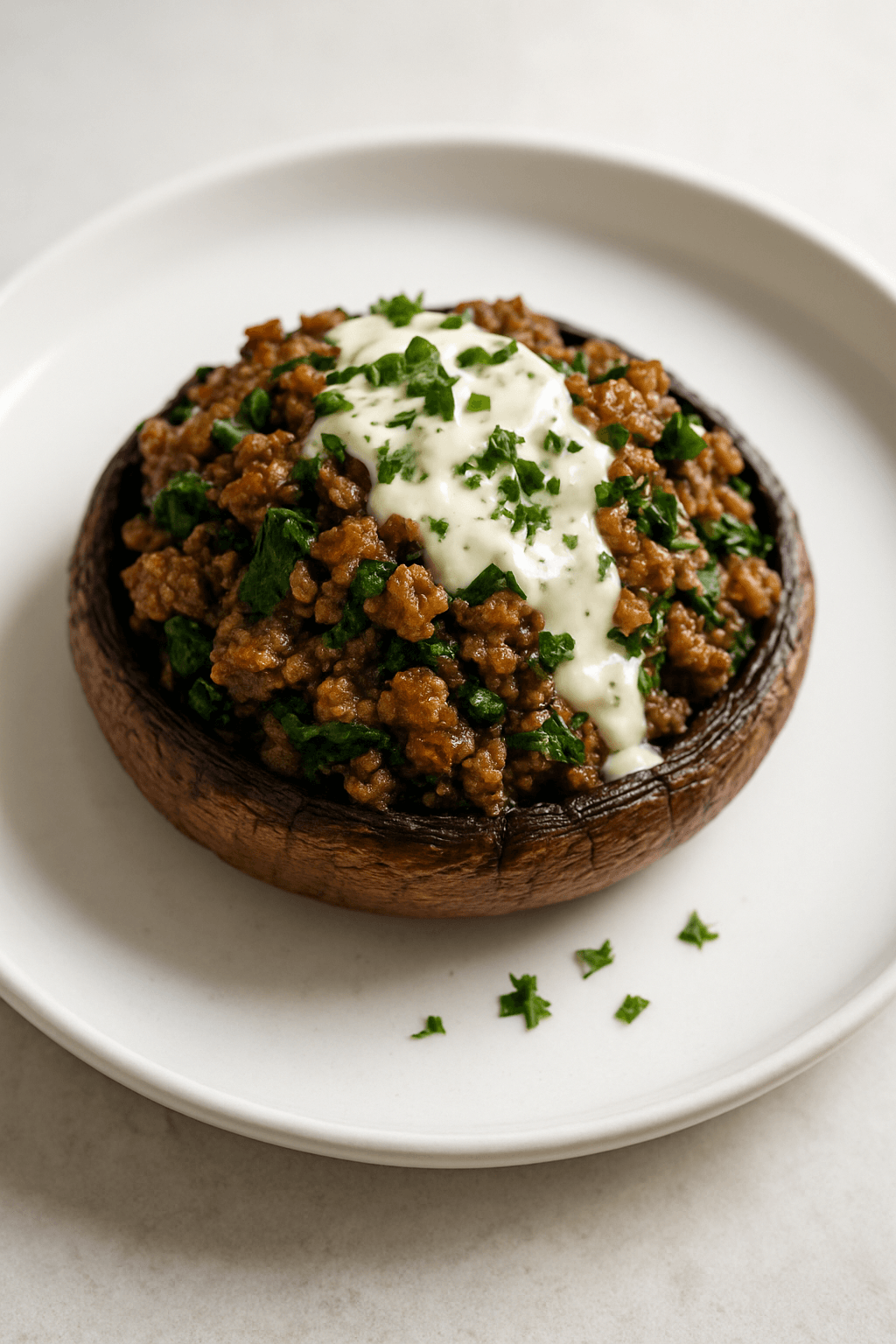 Savory Ground Beef and Spinach Stuffed Portobello Mushrooms with Garlic Herb Sauce