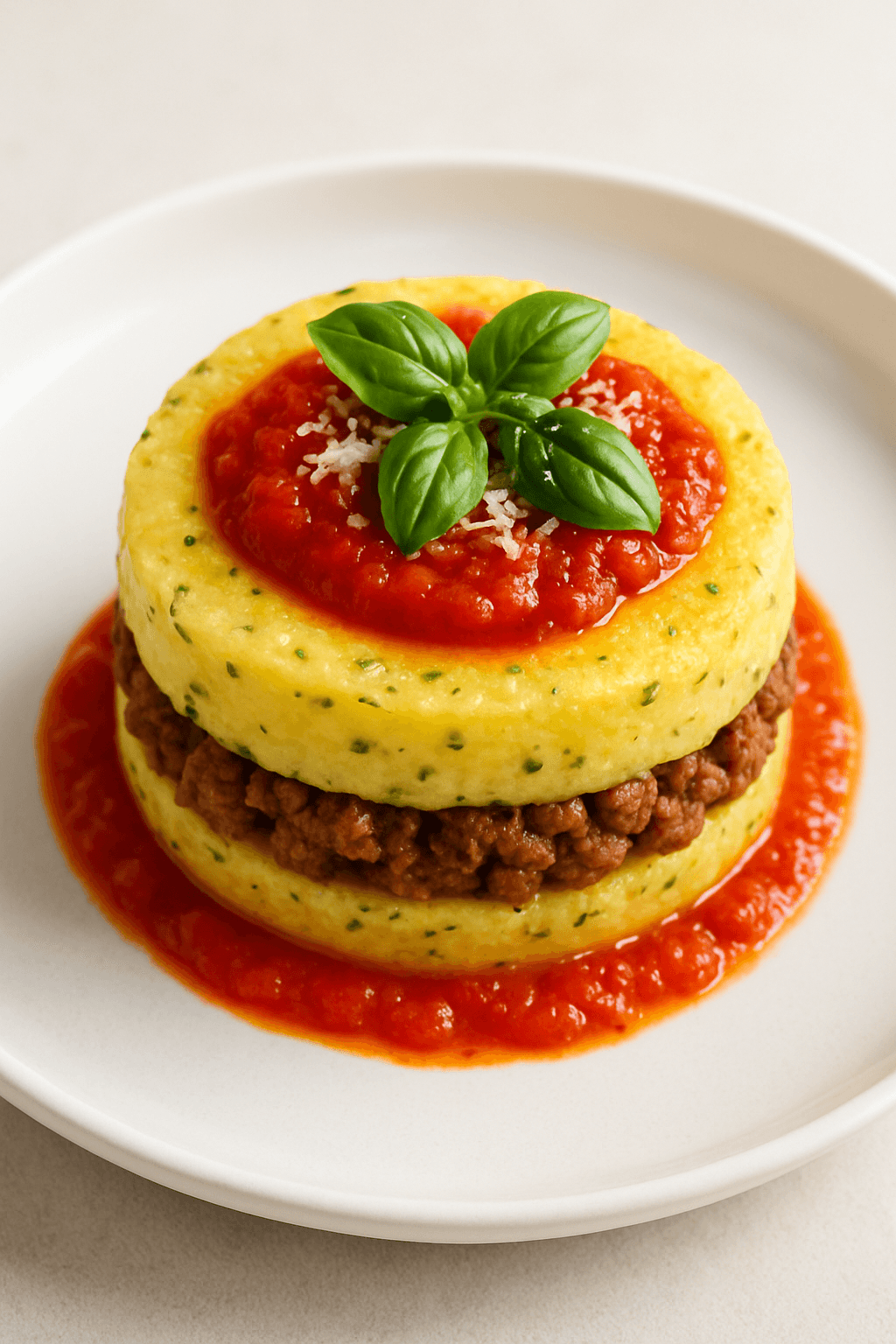 Savory Ground Beef and Herb-Infused Polenta Stack with Roasted Tomato Coulis